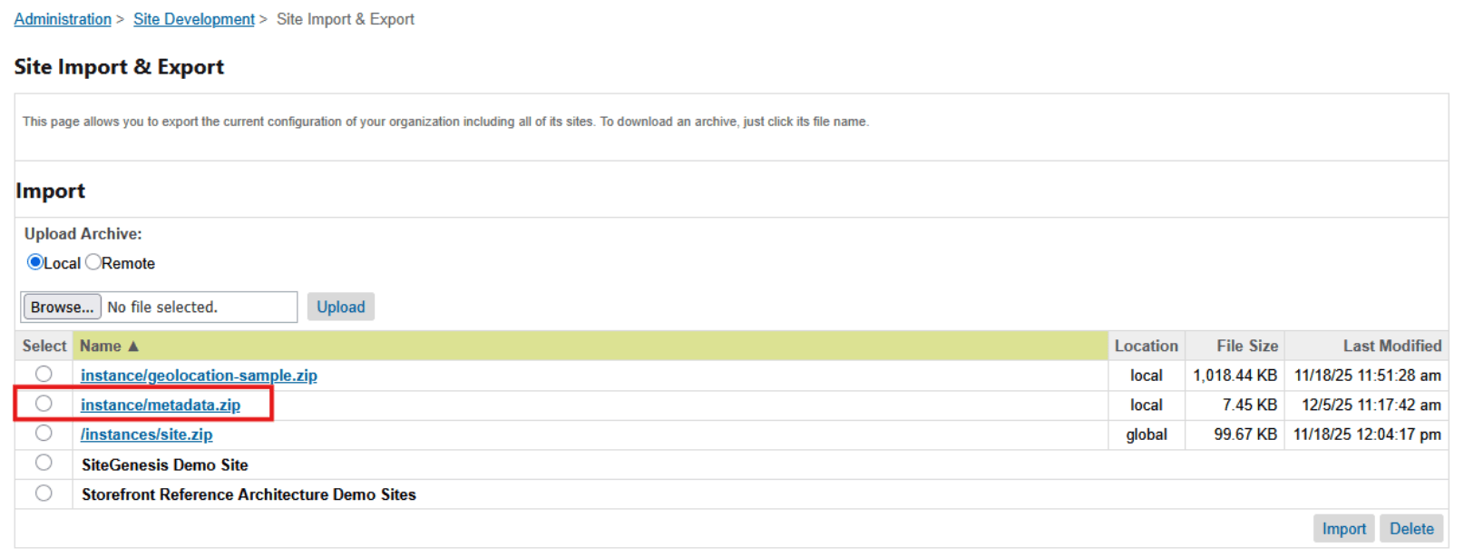 Metadata import example